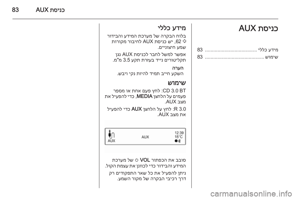OPEL ADAM 2015 מערכת מידע ובידור תסינכ
AUX83תסינכ
AUXעדימ
יללכ
.....................................
83
שומיש
..........................................
83עדימ
יללכ
חולב
הרקבה
לש
OPEL ADAM 2015 מערכת מידע ובידור תסינכ
AUX83תסינכ
AUXעדימ
יללכ
.....................................
83
שומיש
..........................................
83עדימ
יללכ
חולב
הרקבה
לש