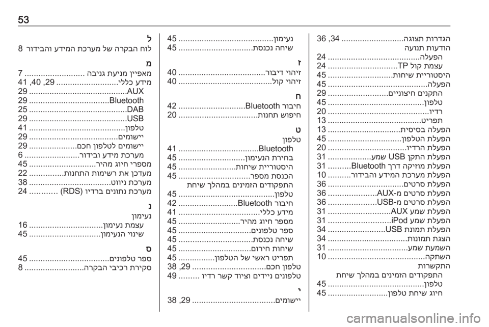 OPEL CORSA 2016 מערכת מידע ובידור 53תורדגה
הגוצת
...........................
34 ,36
תועדוה
העונת
הלעפה
........................................
24
תמצע
לוק
TP
..............................
24
OPEL CORSA 2016 מערכת מידע ובידור 53תורדגה
הגוצת
...........................
34 ,36
תועדוה
העונת
הלעפה
........................................
24
תמצע
לוק
TP
..............................
24
