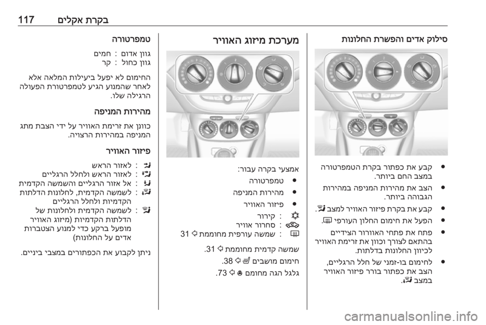 OPEL CORSA E 2017.5  ספר הנהג תרקב
 
םילקא117קוליס
 
םידא
 
תרשפהו
 
תונולחה
●
עבק
 
תא
 
רותפכ
 
תרקב
 
הרוטרפמטה
בצמב
 
םחה
 
רתויב
.
●
בצה
 
תא
 
תור