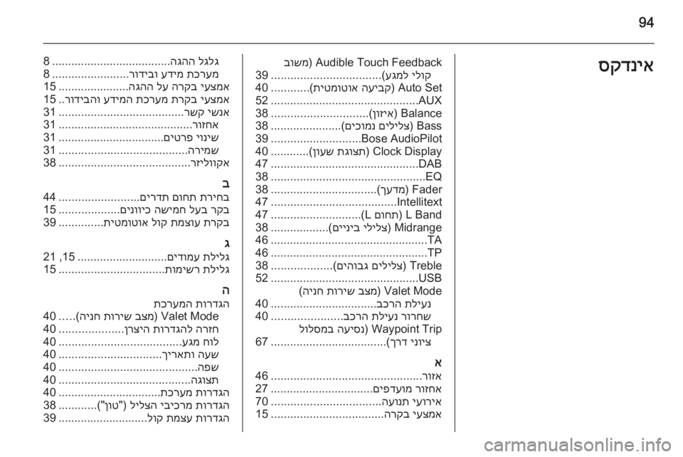OPEL INSIGNIA 2014  מערכת מידע ובידור 94סקדניאAudible Touch Feedback) 
בושמ
ילוק
 
עגמל
(
..................................
39
Auto Set) 
העיבק
 
תיטמוטוא
(
............
40
AUX
.............................