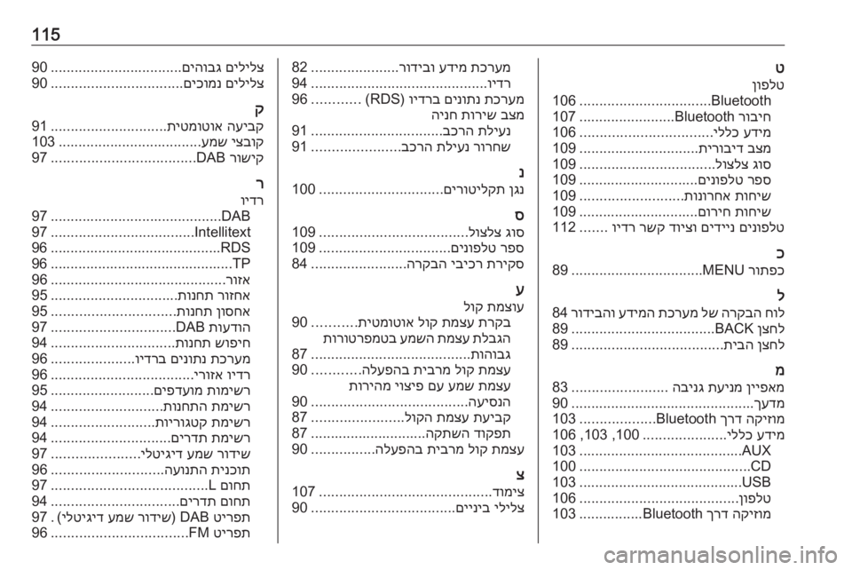 OPEL INSIGNIA 2016.5  מערכת מידע ובידור 115ט
ןופלט
Bluetooth
.................................
106
רוביח
 Bluetooth
........................
107
עדימ
 
יללכ
.................................
106
בצמ
 
תירוביד
..