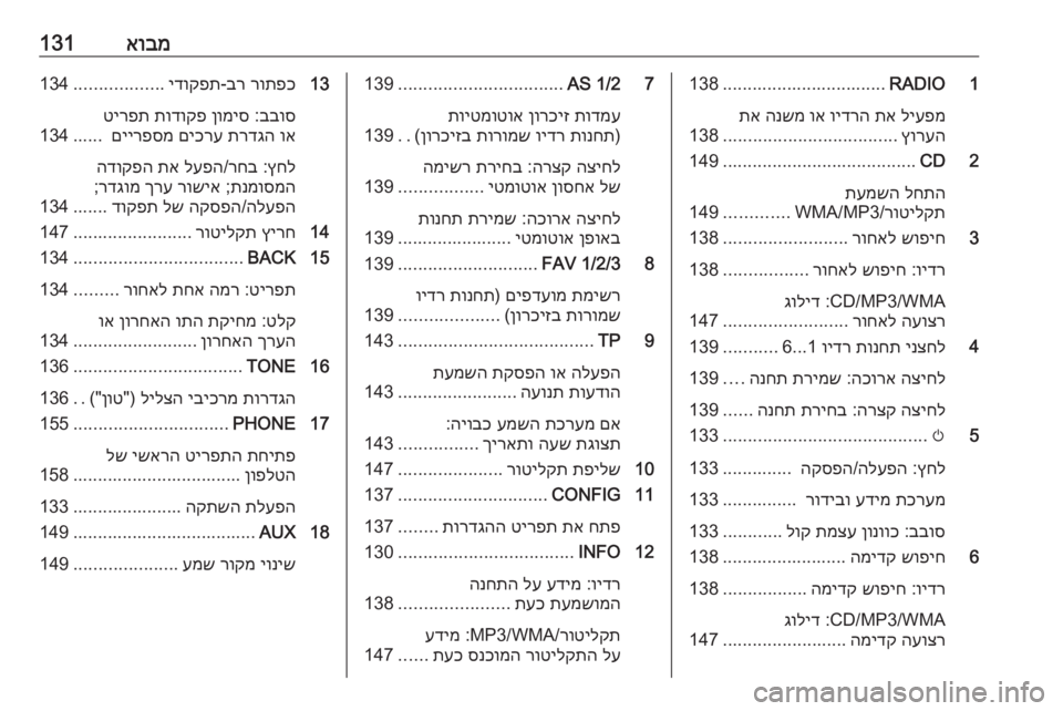 OPEL MERIVA 2016 מערכת מידע ובידור אובמ1311RADIO
.................................138
ליעפמ
תא
וידרה
וא
הנשמ
תא
ץורעה
...................................
138
2CD
.................................. OPEL MERIVA 2016 מערכת מידע ובידור אובמ1311RADIO
.................................138
ליעפמ
תא
וידרה
וא
הנשמ
תא
ץורעה
...................................
138
2CD
..................................