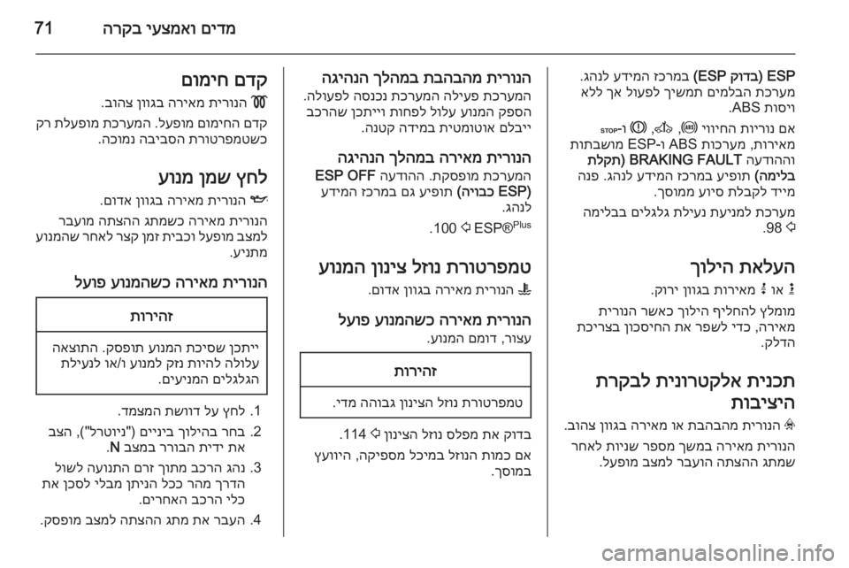OPEL VIVARO 2014  ספר הנהג םידמ
 
יעצמאו
 
הרקב71
ESP )
קודב
 ESP(
 
זכרמב
 
עדימה
 
גהנל
.
תכרעמ
 
םימלבה
 
ךישמת
 
לועפל
 
ךא
 
אלל
תוסיו
 ABS.
םא
 
תוירו