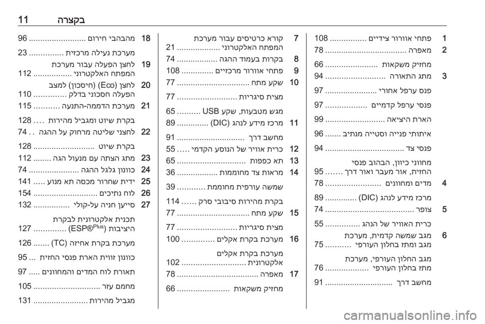 OPEL VIVARO B 2016  ספר הנהג הרצקב111
יחתפ
 
רורווא
 
םיידיצ
................
108
2
הרפאמ
....................................
78
קיזחמ
 
תואקשמ
 
.......................
66
3
גתמ
 
הרו