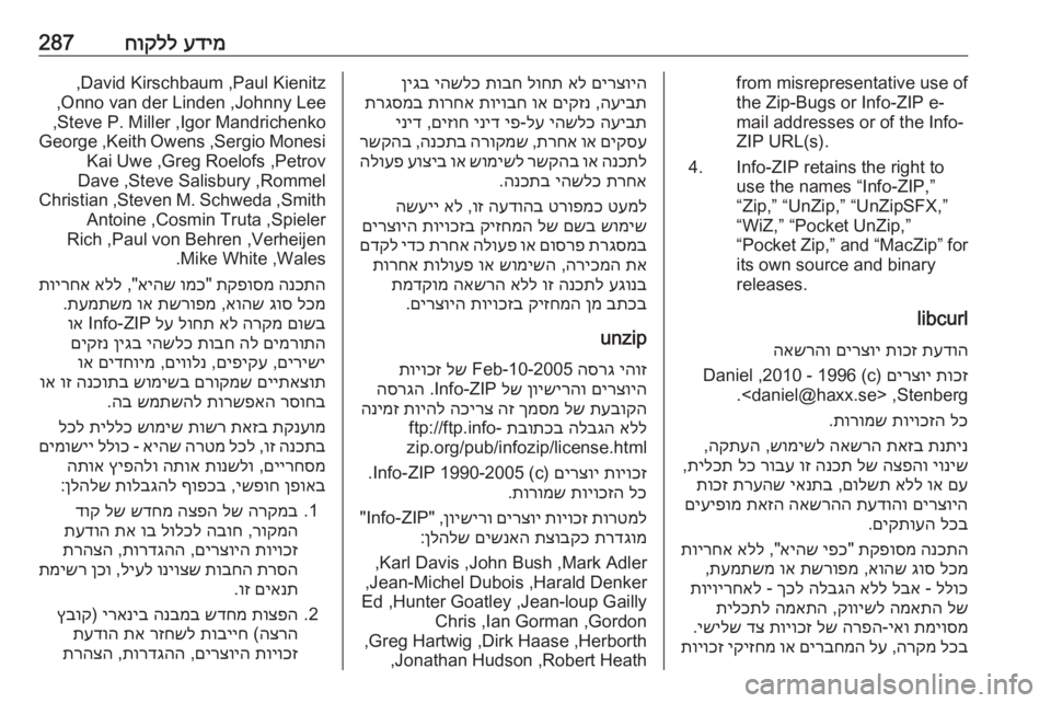 OPEL ZAFIRA C 2019  ספר הנהג עדימ
 
חוקלל287from misrepresentative use of
the Zip-Bugs or Info-ZIP e-
mail addresses or of the Info-
ZIP URL(s).
4.
Info-ZIP retains the right to
use the names “Info-ZIP,”
“Zip,” 