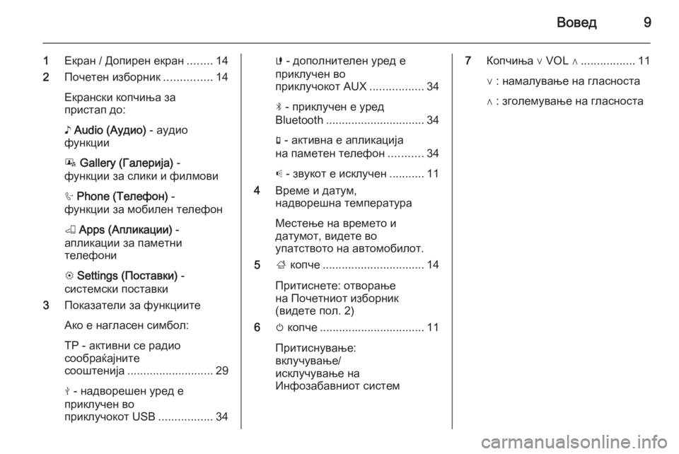 OPEL ADAM 2014  Прирачник за инфозабавата Вовед9
1Екран / Допирен екран ........14
2 Почетен изборник ...............14
Екрански копчиња за
пристап до:
♪  Audio (Аудио)  - 