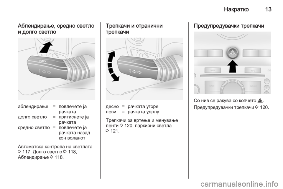 OPEL ANTARA 2014.5  Сопственички прирачник Накратко13
Аблендирање, средно светлои долго светлоаблендирање=повлечете ја
рачкатадолго светло=притиснете 
