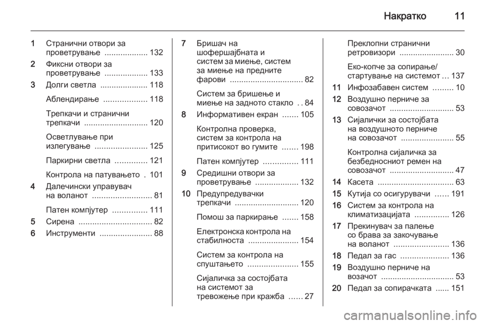 OPEL ANTARA 2015  Сопственички прирачник Накратко11
1Странични отвори за
проветрување  ...................132
2 Фиксни отвори за
проветрување  ...................133
3 Долги