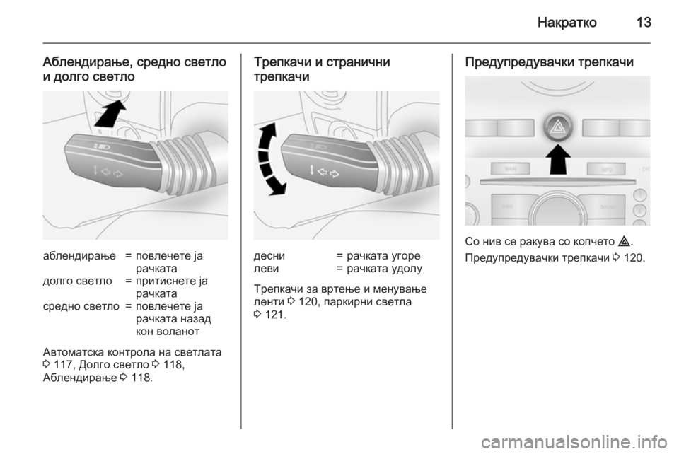 OPEL ANTARA 2015  Сопственички прирачник Накратко13
Аблендирање, средно светлои долго светлоаблендирање=повлечете ја
рачкатадолго светло=притиснете 