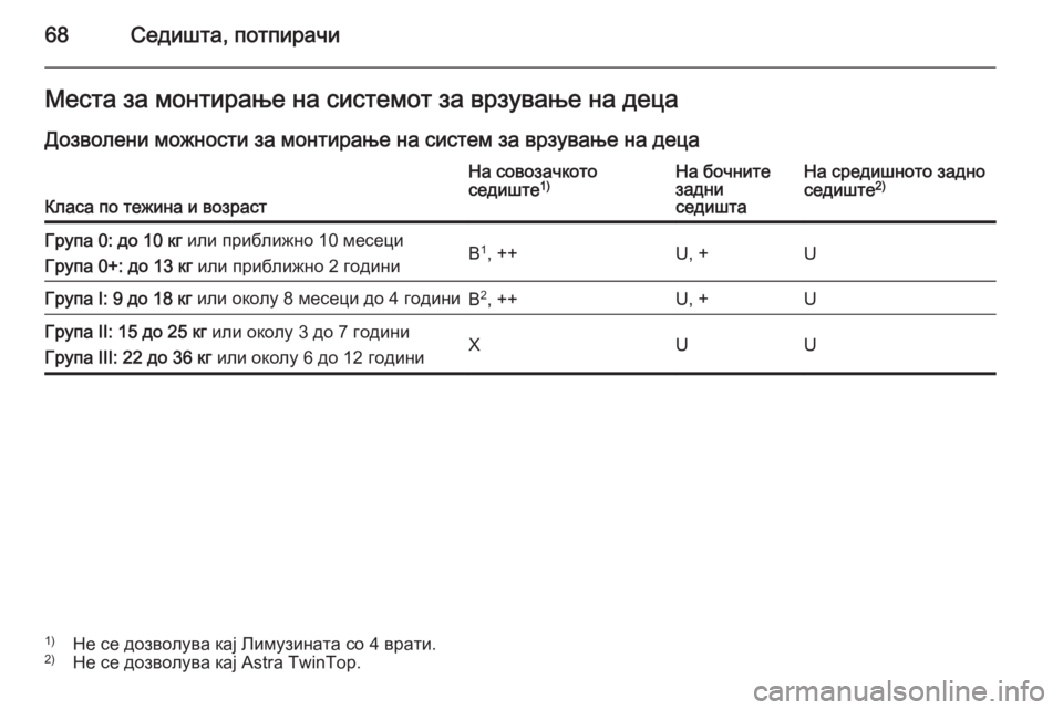 OPEL ASTRA H 2014 Сопственички прирачник 68Седишта, потпирачиМеста за монтирање на системот за врзување на децаДозволени можности за монтирање на сис OPEL ASTRA H 2014 Сопственички прирачник 68Седишта, потпирачиМеста за монтирање на системот за врзување на децаДозволени можности за монтирање на сис
