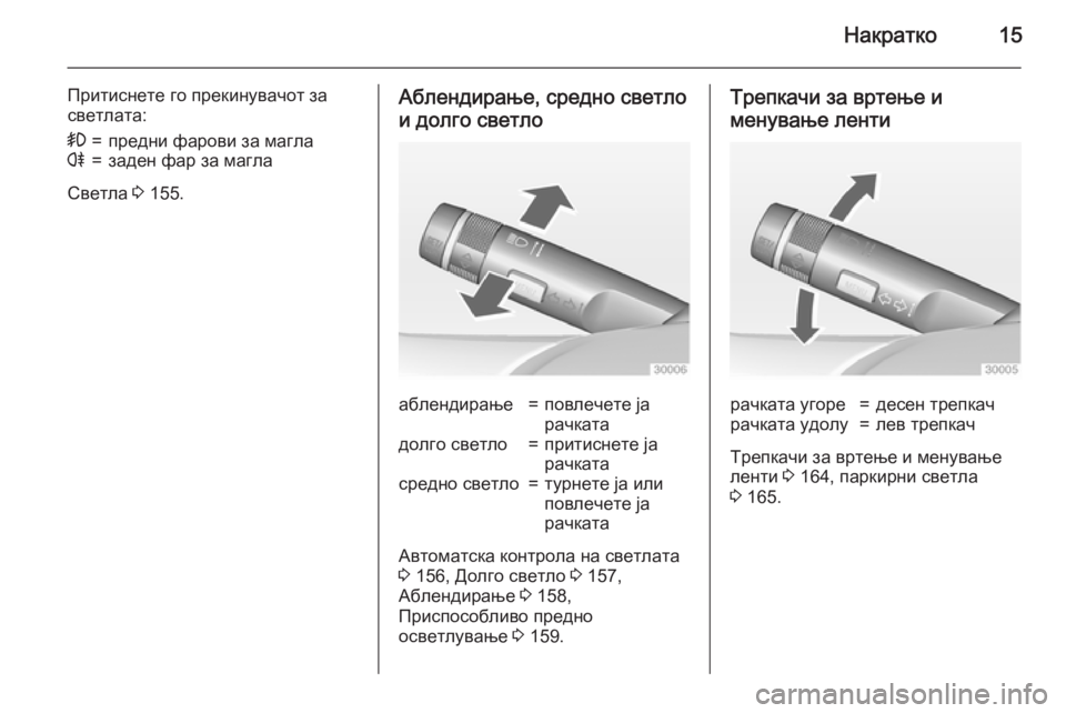OPEL ASTRA J 2015  Сопственички прирачник Накратко15
Притиснете го прекинувачот за
светлата:>=предни фарови за маглаr=заден фар за магла
Светла  3 155.
Абле
