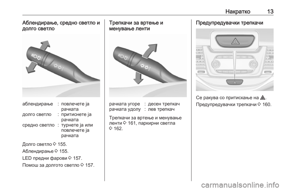 OPEL ASTRA K 2018.75  Сопственички прирачник Накратко13Аблендирање, средно светло и
долго светлоаблендирање:повлечете ја
рачкатадолго светло:притиснете 