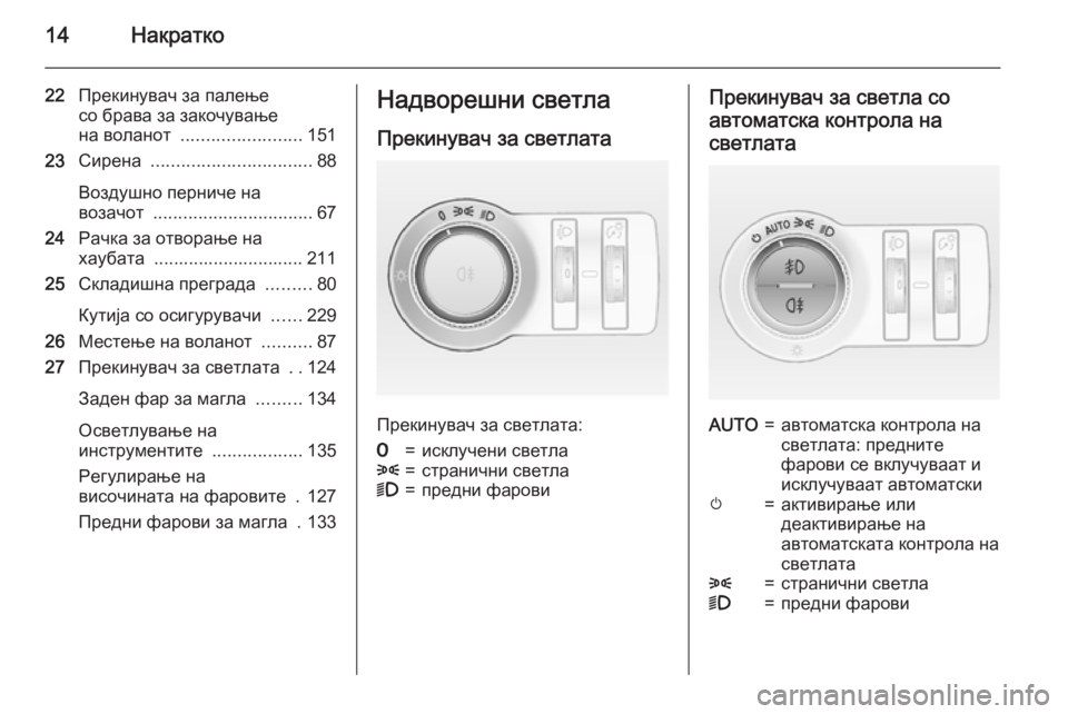 OPEL CASCADA 2015.5  Сопственички прирачник 14Накратко
22Прекинувач за палење
со брава за закочување
на воланот  ........................ 151
23 Сирена  ...............................