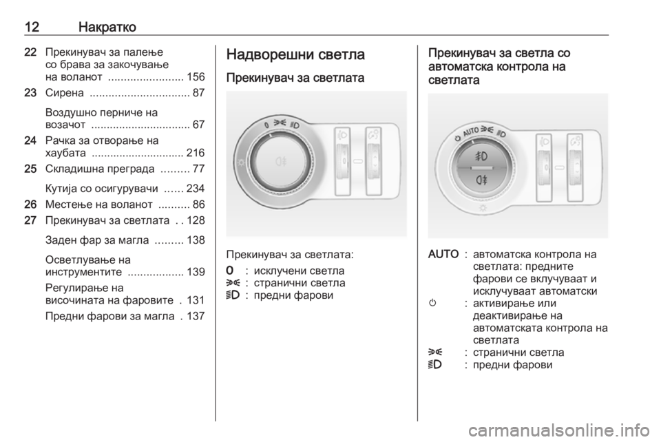 OPEL CASCADA 2016.5  Сопственички прирачник 12Накратко22Прекинувач за палење
со брава за закочување
на воланот  ........................ 156
23 Сирена  ................................