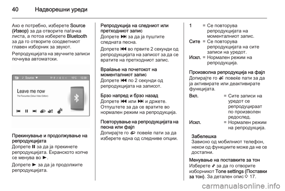 OPEL KARL 2016.5  Прирачник за инфозабавата 40Надворешни уреди
Ако е потребно, изберете Source
(Извор)  за да отворите паѓачка
листа, а потоа изберете  Bluetooth
за