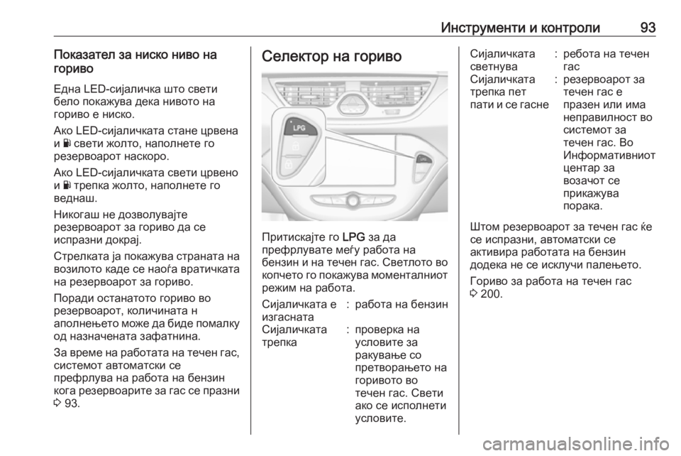 OPEL CORSA E 2017.5 Сопственички прирачник Инструменти и контроли93Показател за ниско ниво на
гориво
Една LED-сијаличка што свети
бело покажува дека ниво OPEL CORSA E 2017.5 Сопственички прирачник Инструменти и контроли93Показател за ниско ниво на
гориво
Една LED-сијаличка што свети
бело покажува дека ниво