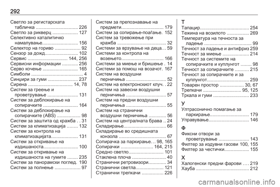 OPEL CROSSLAND X 2019  Сопственички прирачник 292Светло за регистарскататабличка  ................................ 226
Светло за рикверц  ...................127
Селективно каталитичк