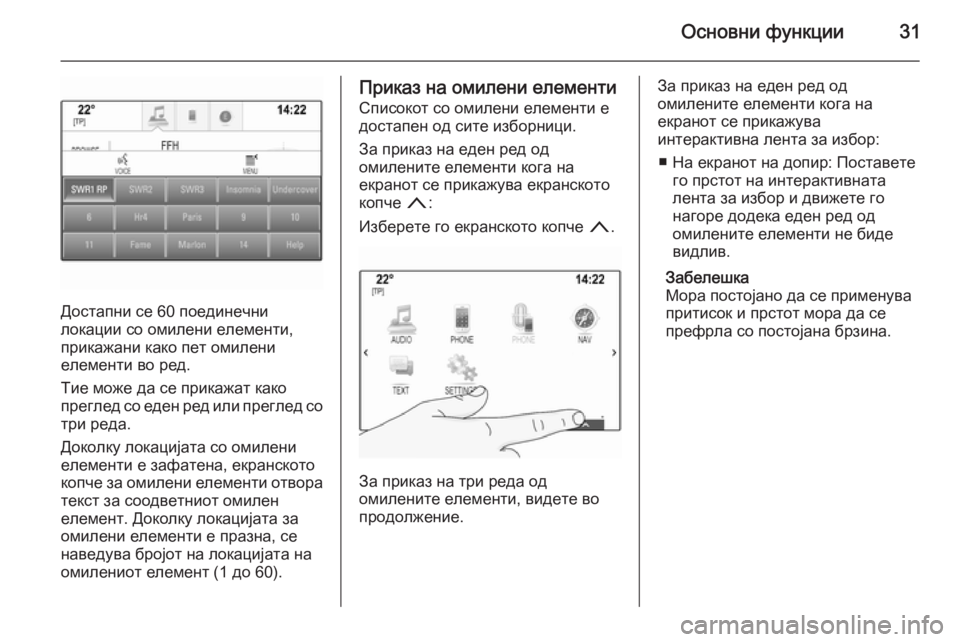 OPEL INSIGNIA 2014.5  Прирачник за инфозабавата Основни функции31
Достапни се 60 поединечни
локации со омилени елементи,
прикажани како пет омилени
елементи в