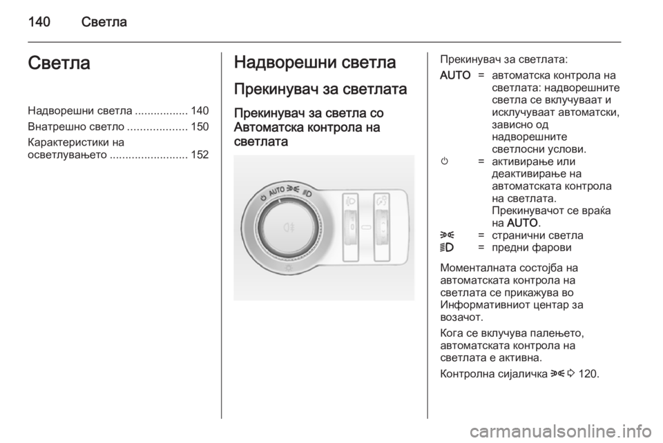 OPEL INSIGNIA 2014.5  Сопственички прирачник 140СветлаСветлаНадворешни светла.................140
Внатрешно светло ...................150
Карактеристики на осветлувањето ...
