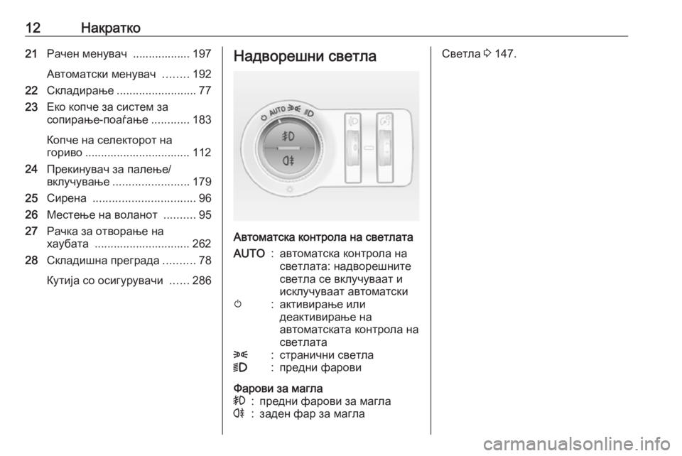 OPEL INSIGNIA 2016  Сопственички прирачник 12Накратко21Рачен менувач  .................. 197
Автоматски менувач  ........192
22 Складирање ......................... 77
23 Еко копче за с
