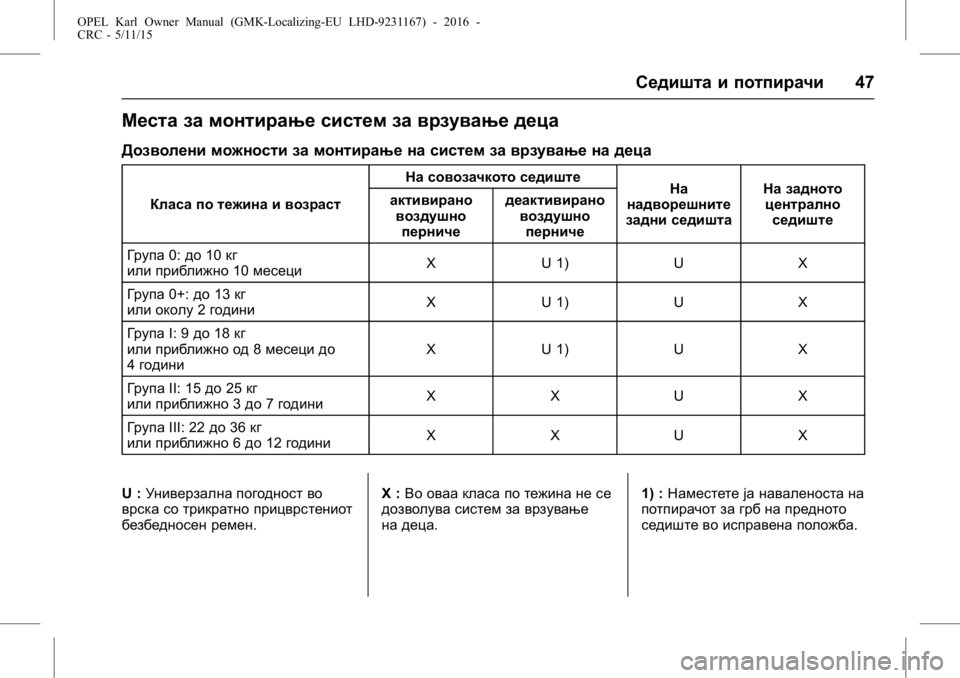 OPEL KARL 2015.75  Сопственички прирачник OPEL Karl Owner Manual (GMK-Localizing-EU LHD-9231167) - 2016 -
CRC - 5/11/15
Седишта и потпирачи47
Места за монтирање систем за врзување деца
До