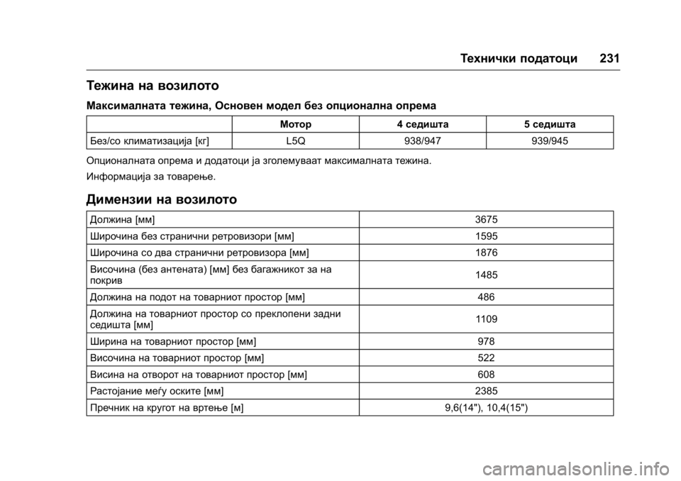 OPEL KARL 2016 Сопственички прирачник OPEL Karl Owner Manual (GMK-Localizing-EU LHD-9231167) - 2016 -
CRC - 9/9/15
Технички податоци231
Тежина на возилото
Максималната тежина, Основе OPEL KARL 2016 Сопственички прирачник OPEL Karl Owner Manual (GMK-Localizing-EU LHD-9231167) - 2016 -
CRC - 9/9/15
Технички податоци231
Тежина на возилото
Максималната тежина, Основе