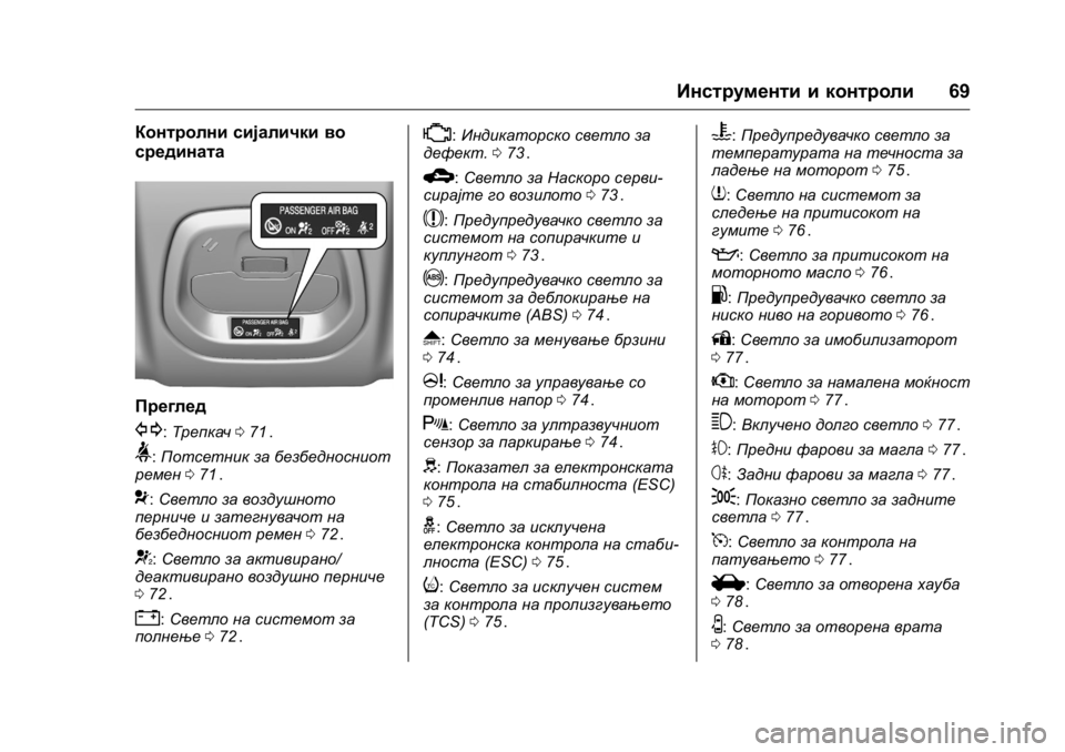 OPEL KARL 2016 Сопственички прирачник OPEL Karl Owner Manual (GMK-Localizing-EU LHD-9231167) - 2016 -
CRC - 9/9/15
Инструменти и контроли69
Контролни сијалички во
средината
Преглед
G OPEL KARL 2016 Сопственички прирачник OPEL Karl Owner Manual (GMK-Localizing-EU LHD-9231167) - 2016 -
CRC - 9/9/15
Инструменти и контроли69
Контролни сијалички во
средината
Преглед
G