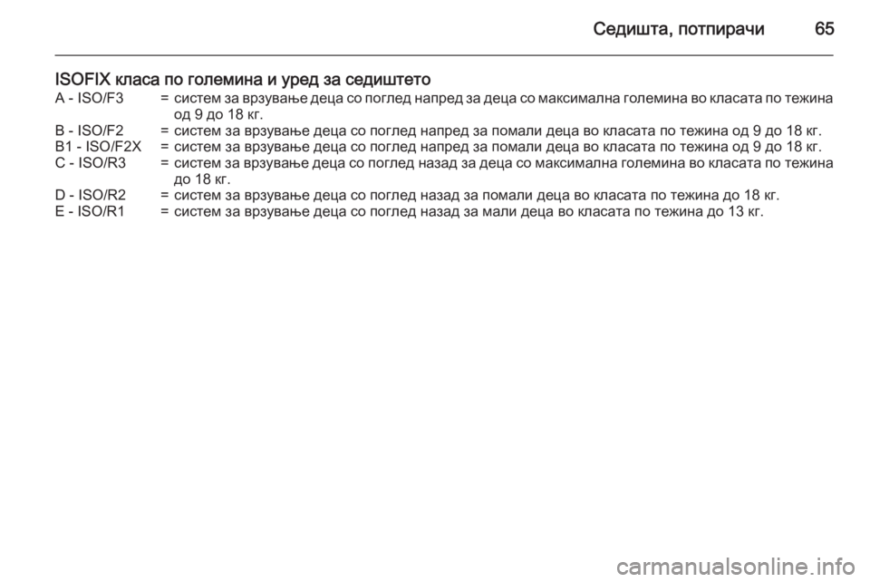 OPEL MERIVA 2015.5  Сопственички прирачник Седишта, потпирачи65
ISOFIX класа по големина и уред за седиштетоA - ISO/F3=систем за врзување деца со поглед напред з