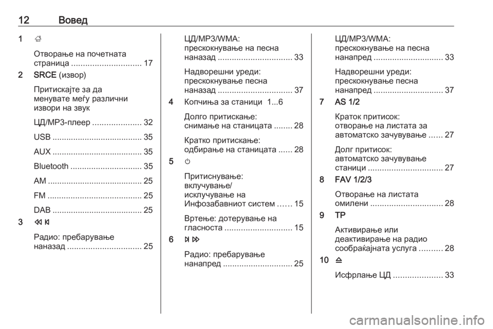 OPEL MERIVA 2016  Прирачник за инфозабавата 12Вовед1;
Отворање на почетната
страница .............................. 17
2 SRCE  (извор)
Притискајте за да
менувате меѓу различ�