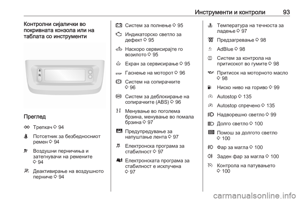 OPEL MOVANO_B 2016  Сопственички прирачник Инструменти и контроли93Контролни сијалички во
покривната конзола или на
таблата со инструменти
Преглед
OТре
