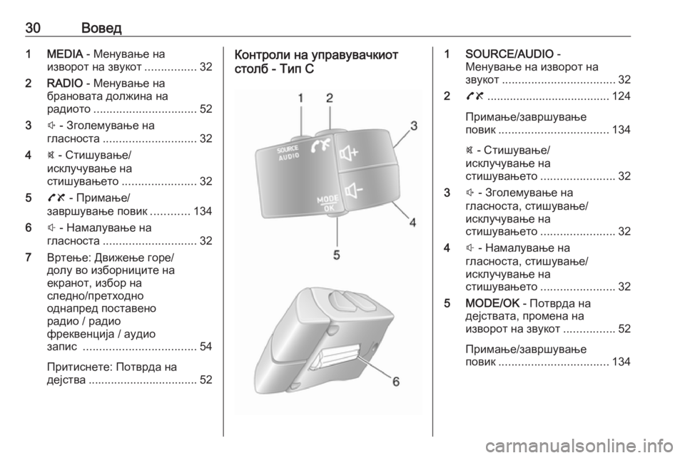 OPEL MOVANO_B 2018.5  Прирачник за инфозабавата 30Вовед1 MEDIA - Менување на
изворот на звукот ................32
2 RADIO  - Менување на
брановата должина на
радиото .................