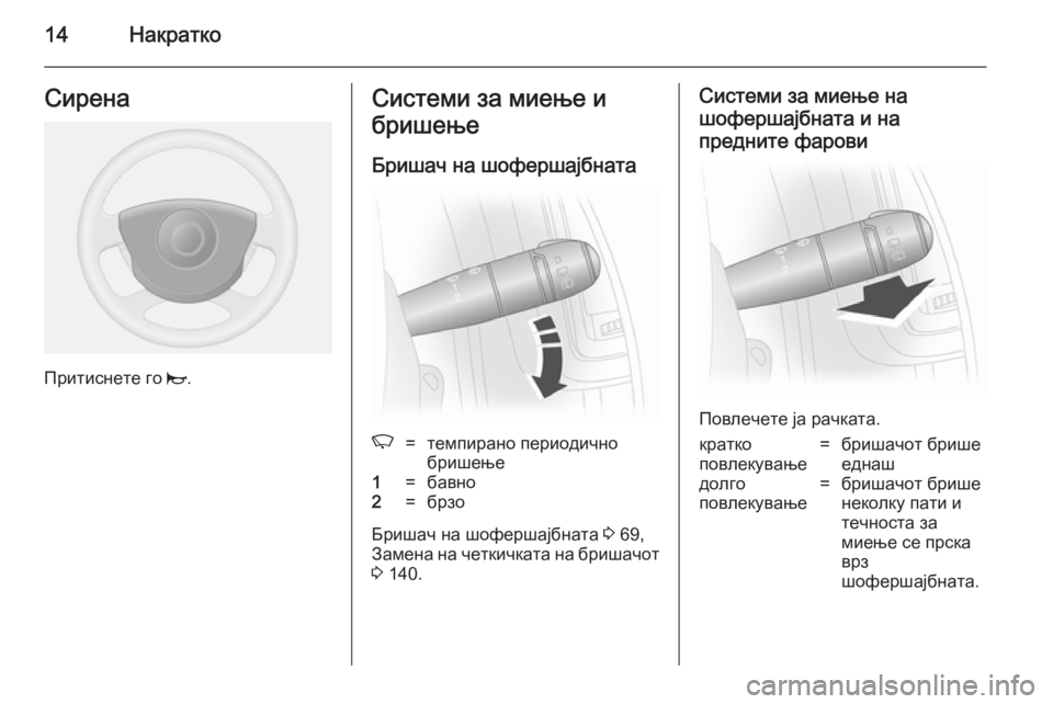 OPEL VIVARO 2014  Сопственички прирачник 14НакраткоСирена
Притиснете го j.
Системи за миење и
бришење
Бришач на шофершајбнатаK=темпирано периодично
бр�