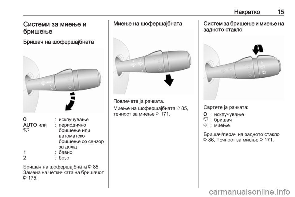 OPEL VIVARO B 2016.5  Сопственички прирачник Накратко15Системи за миење и
бришење
Бришач на шофершајбната7:исклучувањеAUTO  или
K:периодично
бришење или
авт�