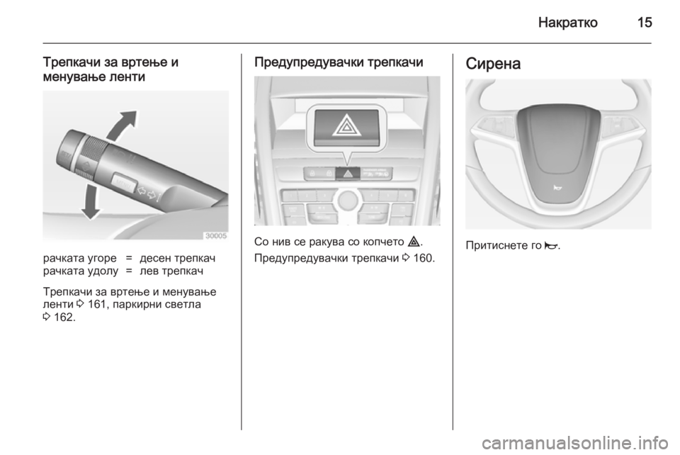 OPEL ZAFIRA C 2014.5  Сопственички прирачник Накратко15
Трепкачи за вртење именување лентирачката угоре=десен трепкачрачката удолу=лев трепкач
Трепкачи 