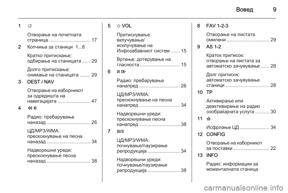 OPEL ZAFIRA C 2015.5  Прирачник за инфозабавата Вовед9
1;
Отворање на почетната
страница .............................. 17
2 Копчиња за станици  1...6
Кратко притискање:
одбирањ