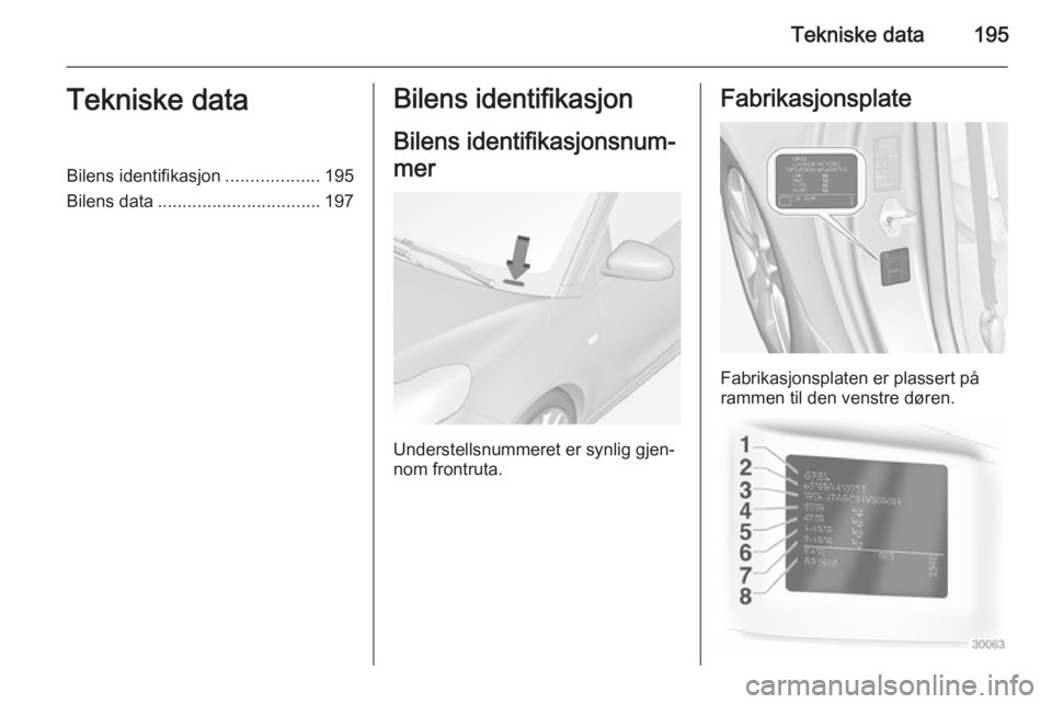 OPEL ADAM 2014 Brukerhåndbok for infotainmentsystem Tekniske data195Tekniske dataBilens identifikasjon...................195
Bilens data ................................. 197Bilens identifikasjon
Bilens identifikasjonsnum‐
mer
Understellsnummeret er OPEL ADAM 2014 Brukerhåndbok for infotainmentsystem Tekniske data195Tekniske dataBilens identifikasjon...................195
Bilens data ................................. 197Bilens identifikasjon
Bilens identifikasjonsnum‐
mer
Understellsnummeret er