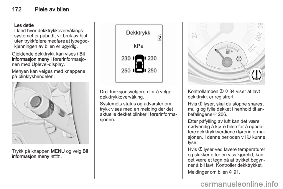 OPEL ADAM 2014.5  Brukerhåndbok for infotainmentsystem 172Pleie av bilen
Les dette
I land hvor dekktrykkovervåkings‐
systemet er påbudt, vil bruk av hjul
uten trykkfølere medføre at typegod‐ kjenningen av bilen er ugyldig.
Gjeldende dekktrykk kan 