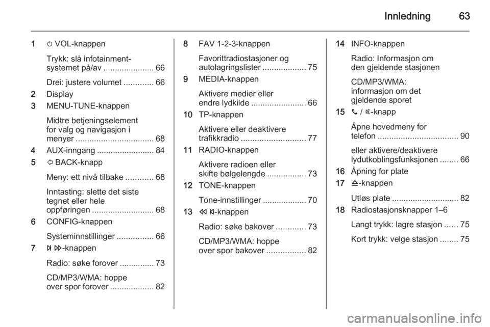 OPEL ADAM 2015  Brukerhåndbok for infotainmentsystem Innledning63
1m VOL-knappen
Trykk: slå infotainment‐
systemet på/av ......................66
Drei: justere volumet .............66
2 Display
3 MENU-TUNE-knappen
Midtre betjeningselement
for valg o