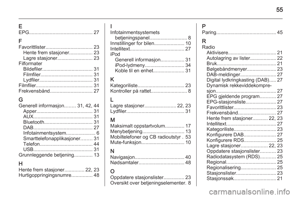 OPEL ADAM 2015.5  Brukerhåndbok for infotainmentsystem 55
EEPG .............................................. 27
F
Favorittlister .................................. 23
Hente frem stasjoner .................23
Lagre stasjoner ......................... 23
F