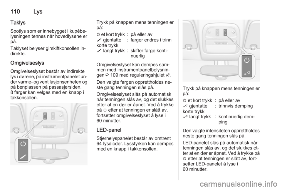 OPEL ADAM 2016.5  Instruksjonsbok 110LysTaklys
Spotlys som er innebygget i kupébe‐
lysningen tennes når hovedlysene er
på.
Taklyset belyser girskiftkonsollen in‐
direkte.
OmgivelseslysOmgivelseslyset består av indirekte
lys i 