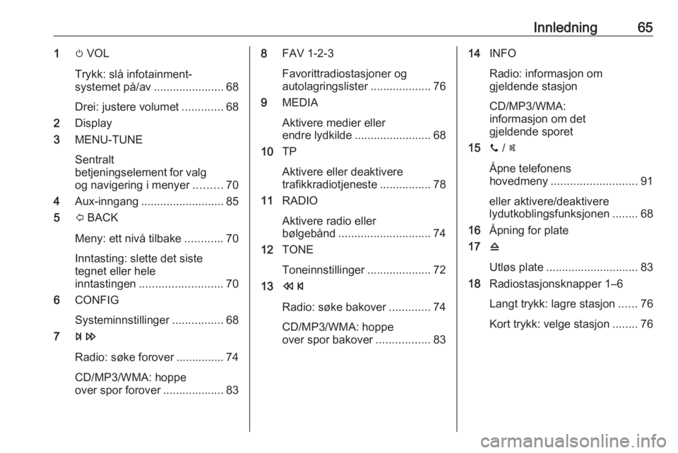 OPEL ADAM 2017.5  Brukerhåndbok for infotainmentsystem Innledning651m VOL
Trykk: slå infotainment‐
systemet på/av ......................68
Drei: justere volumet .............68
2 Display
3 MENU-TUNE
Sentralt
betjeningselement for valg
og navigering i  OPEL ADAM 2017.5  Brukerhåndbok for infotainmentsystem Innledning651m VOL
Trykk: slå infotainment‐
systemet på/av ......................68
Drei: justere volumet .............68
2 Display
3 MENU-TUNE
Sentralt
betjeningselement for valg
og navigering i