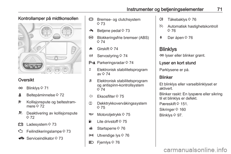 OPEL ADAM 2019  Instruksjonsbok Instrumenter og betjeningselementer71Kontrollamper på midtkonsollen
Oversikt
OBlinklys 3 71XBeltepåminnelse  3 72vKollisjonspute og beltestram‐
mere  3 72VDeaktivering av kollisjonspute
3  72pLade