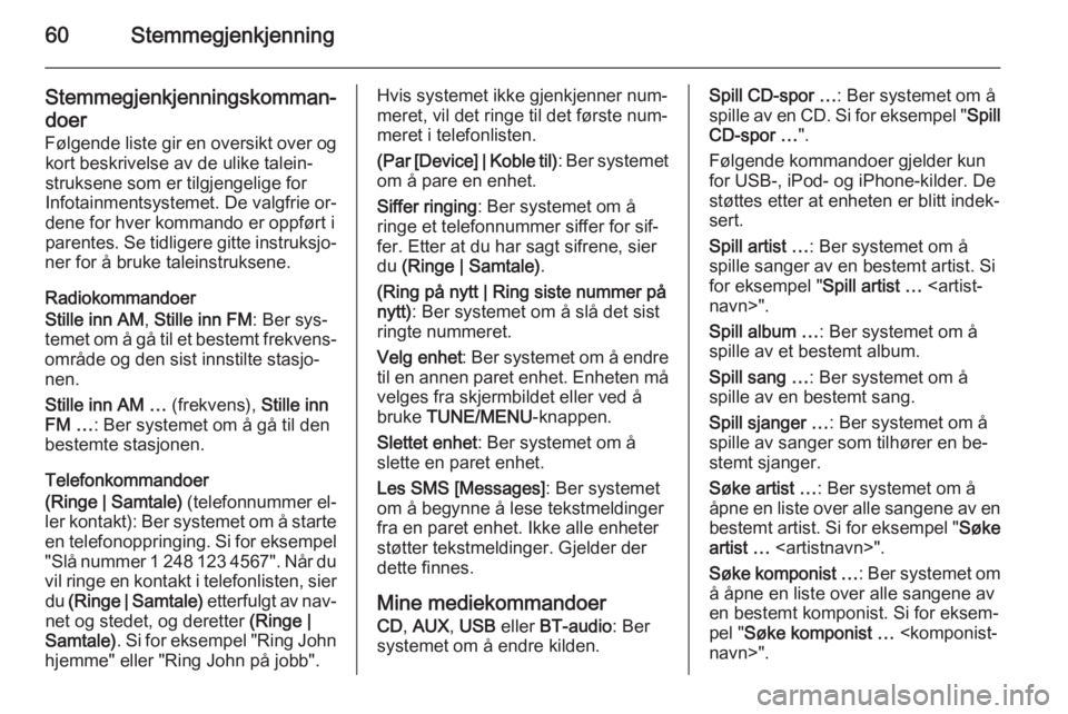 OPEL AMPERA 2014  Brukerhåndbok for infotainmentsystem 60Stemmegjenkjenning
Stemmegjenkjenningskomman‐doer Følgende liste gir en oversikt over ogkort beskrivelse av de ulike talein‐
struksene som er tilgjengelige for
Infotainmentsystemet. De valgfrie