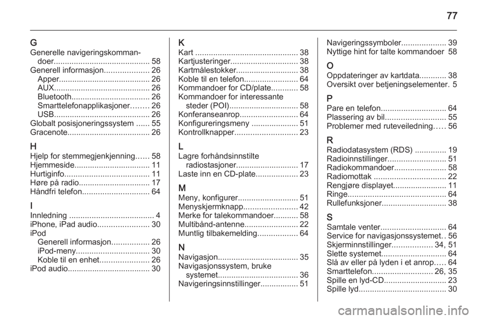 OPEL AMPERA 2014  Brukerhåndbok for infotainmentsystem 77
G
Generelle navigeringskomman‐ doer ........................................... 58
Generell informasjon ....................26
Apper......................................... 26
AUX ..............