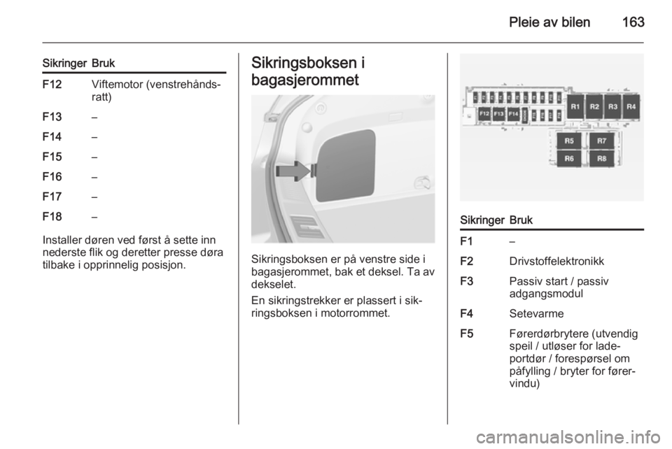 OPEL AMPERA 2014 Instruksjonsbok Pleie av bilen163
SikringerBrukF12Viftemotor (venstrehånds‐
ratt)F13–F14–F15–F16–F17–F18–
Installer døren ved først å sette inn
nederste flik og deretter presse døra
tilbake i oppri OPEL AMPERA 2014 Instruksjonsbok Pleie av bilen163
SikringerBrukF12Viftemotor (venstrehånds‐
ratt)F13–F14–F15–F16–F17–F18–
Installer døren ved først å sette inn
nederste flik og deretter presse døra
tilbake i oppri