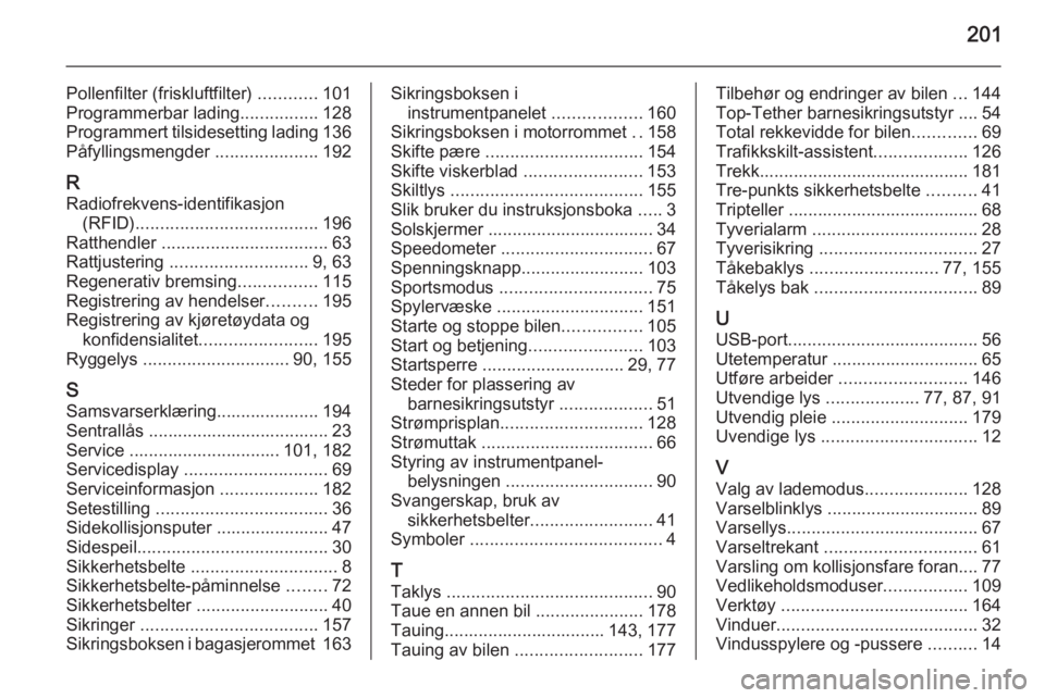 OPEL AMPERA 2014 Instruksjonsbok 201
Pollenfilter (friskluftfilter) ............101
Programmerbar lading ................128
Programmert tilsidesetting lading 136
Påfyllingsmengder .....................192
R Radiofrekvens-identifik OPEL AMPERA 2014 Instruksjonsbok 201
Pollenfilter (friskluftfilter) ............101
Programmerbar lading ................128
Programmert tilsidesetting lading 136
Påfyllingsmengder .....................192
R Radiofrekvens-identifik