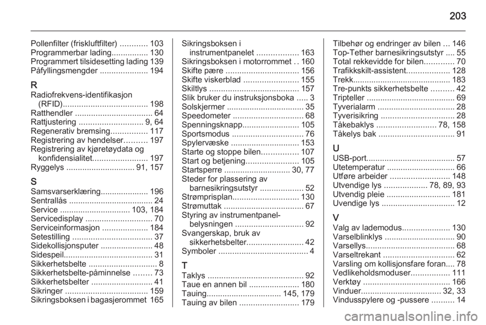 OPEL AMPERA 2015  Instruksjonsbok 203
Pollenfilter (friskluftfilter) ............103
Programmerbar lading ................130
Programmert tilsidesetting lading 139
Påfyllingsmengder  .....................194
R Radiofrekvens-identifik