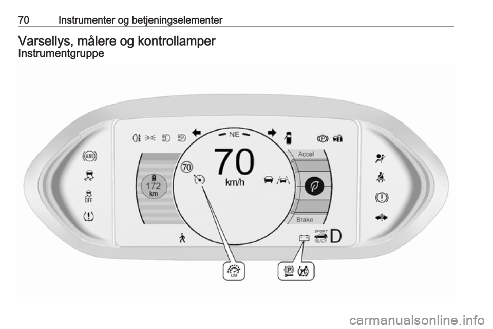 OPEL AMPERA E 2018 Instruksjonsbok 70Instrumenter og betjeningselementerVarsellys, målere og kontrollamperInstrumentgruppe OPEL AMPERA E 2018 Instruksjonsbok 70Instrumenter og betjeningselementerVarsellys, målere og kontrollamperInstrumentgruppe