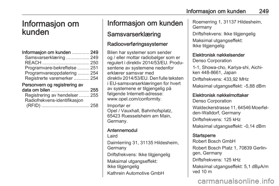 OPEL AMPERA E 2018.5  Instruksjonsbok Informasjon om kunden249Informasjon om
kundenInformasjon om kunden .............249
Samsvarserklæring .................249
REACH .................................... 250
Programvare-bekreftelse .....