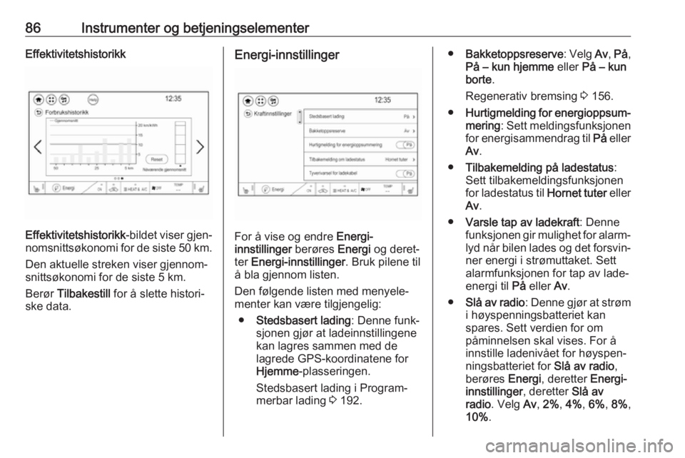 OPEL AMPERA E 2018.5  Instruksjonsbok 86Instrumenter og betjeningselementerEffektivitetshistorikk
Effektivitetshistorikk-bildet viser gjen‐
nomsnittsøkonomi for de siste 50 km .
Den aktuelle streken viser gjennom‐
snittsøkonomi for 